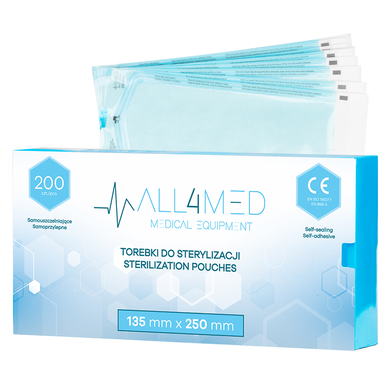 All4med sterilizaciniai maišeliai autoklavui 135 mm x 250 mm 200 vnt.