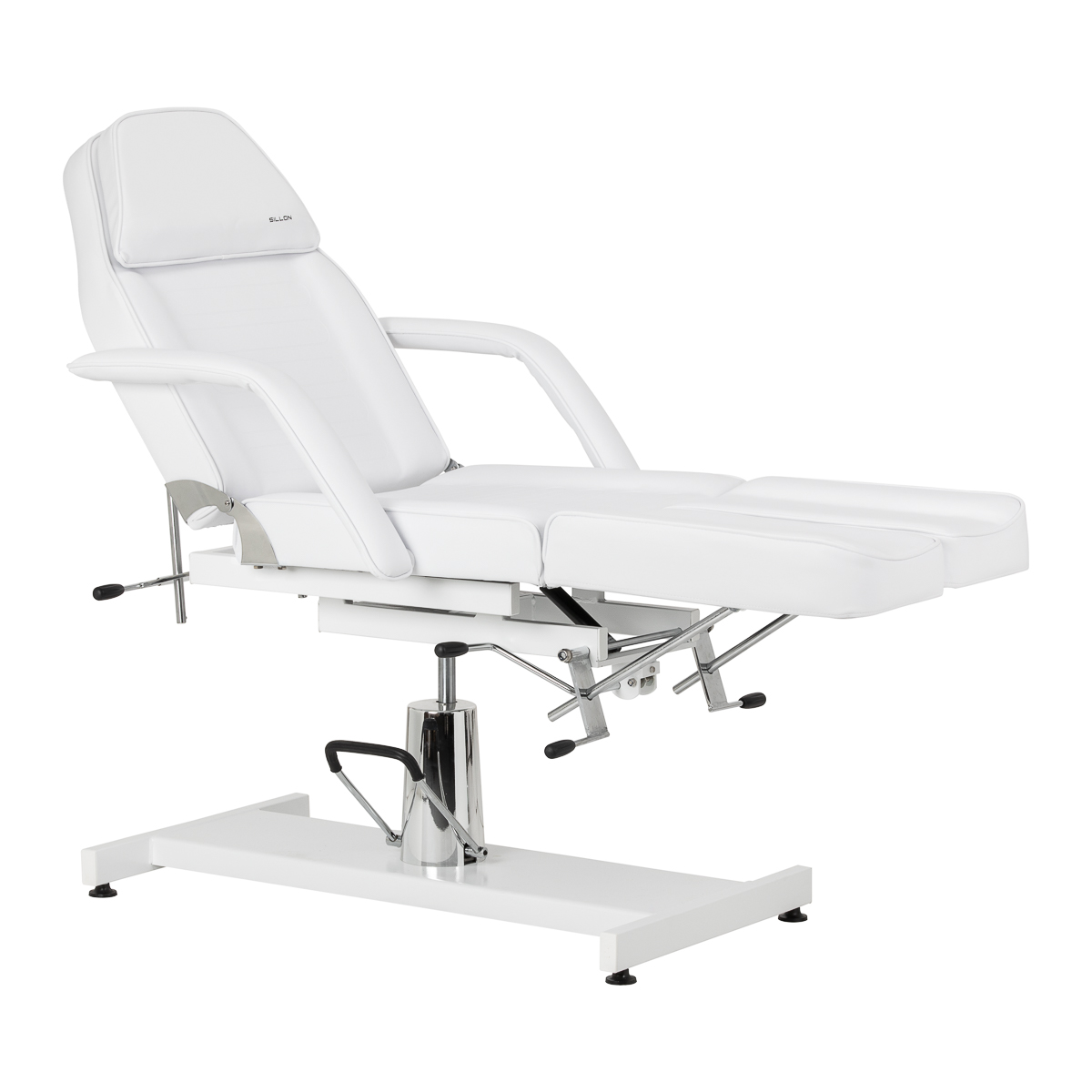 Hydraulické kozmetické kreslo na pedikúru Sillon 210 s kolískou a deliteľnou opierkou na nohy biele
